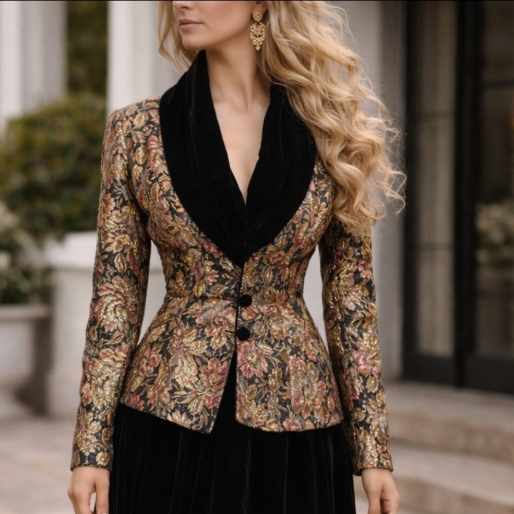 Vtg. Jessica McClintok Metallic Brocade Blazer Black Velvet Trim Maximalist Sz 6